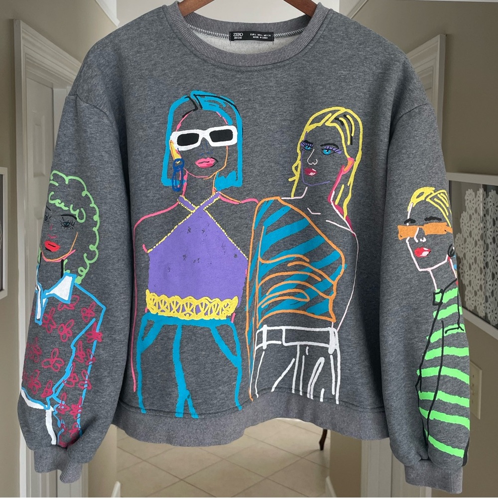 Zara Zero in On Graphic Girls Crewneck Sweatshirt Neon/Gray 80sVibe - Picture 2 of 14